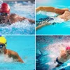 Спортсмены демонстрируют, как плавать фристайлом, на спине, брассом и баттерфляем.