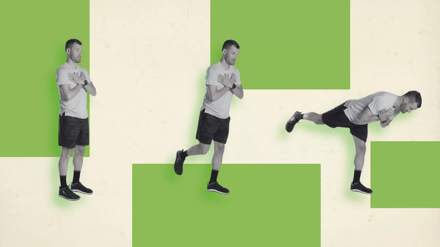 Спортсмен выполняет упражнение на одной ноге на фоне бежевого и зеленого цвета. упражнение для силы и подвижности голеностопа Спортсмен выполняет упражнение на одной ноге на фоне бежевого и зеленого цвета. упражнение для силы и подвижности голеностопа