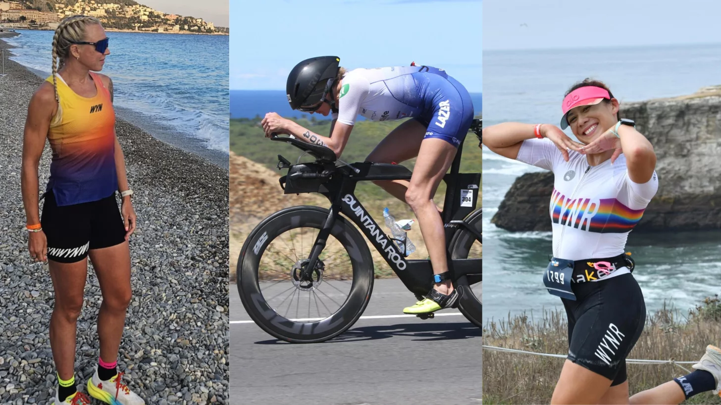 фотоколлаж трех женщин в возрастной категории, одна стоит, другая на аэробарах, третья бежит