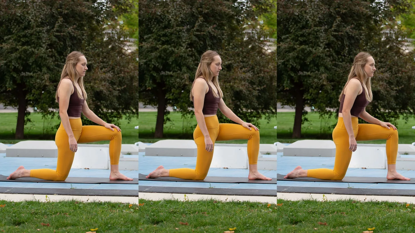 композитное изображение женщины, выполняющей растяжку сгибателей бедра на коленях на улице