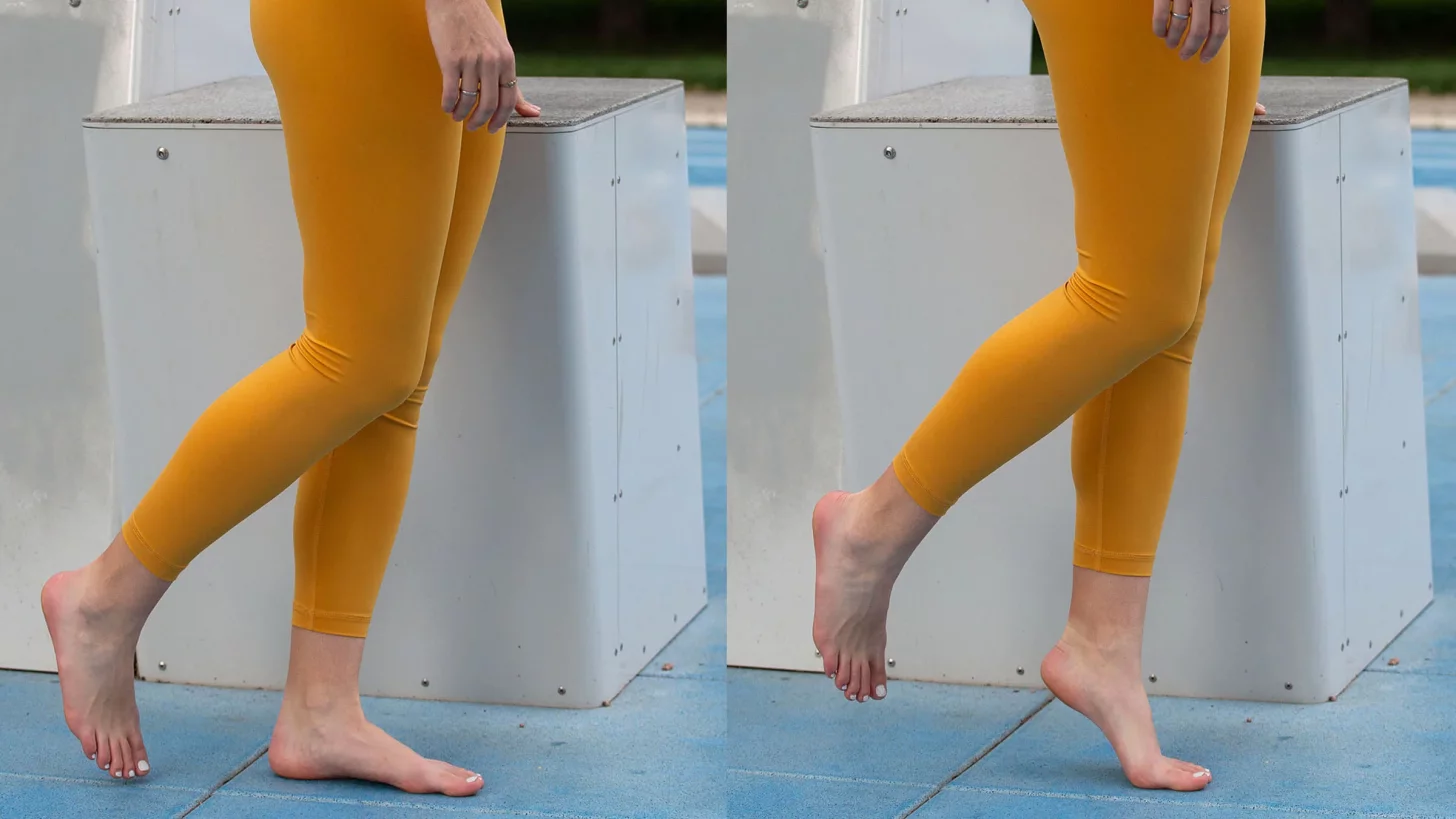 женщина выполняет подъем на носок Джонсона на улице, композитное изображение