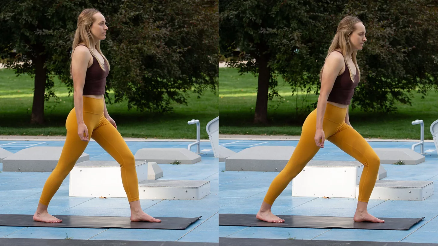 женщина выполняет растяжку камбаловидной мышцы с расставленными ногами на композитном изображении, самопроверка для техники бега