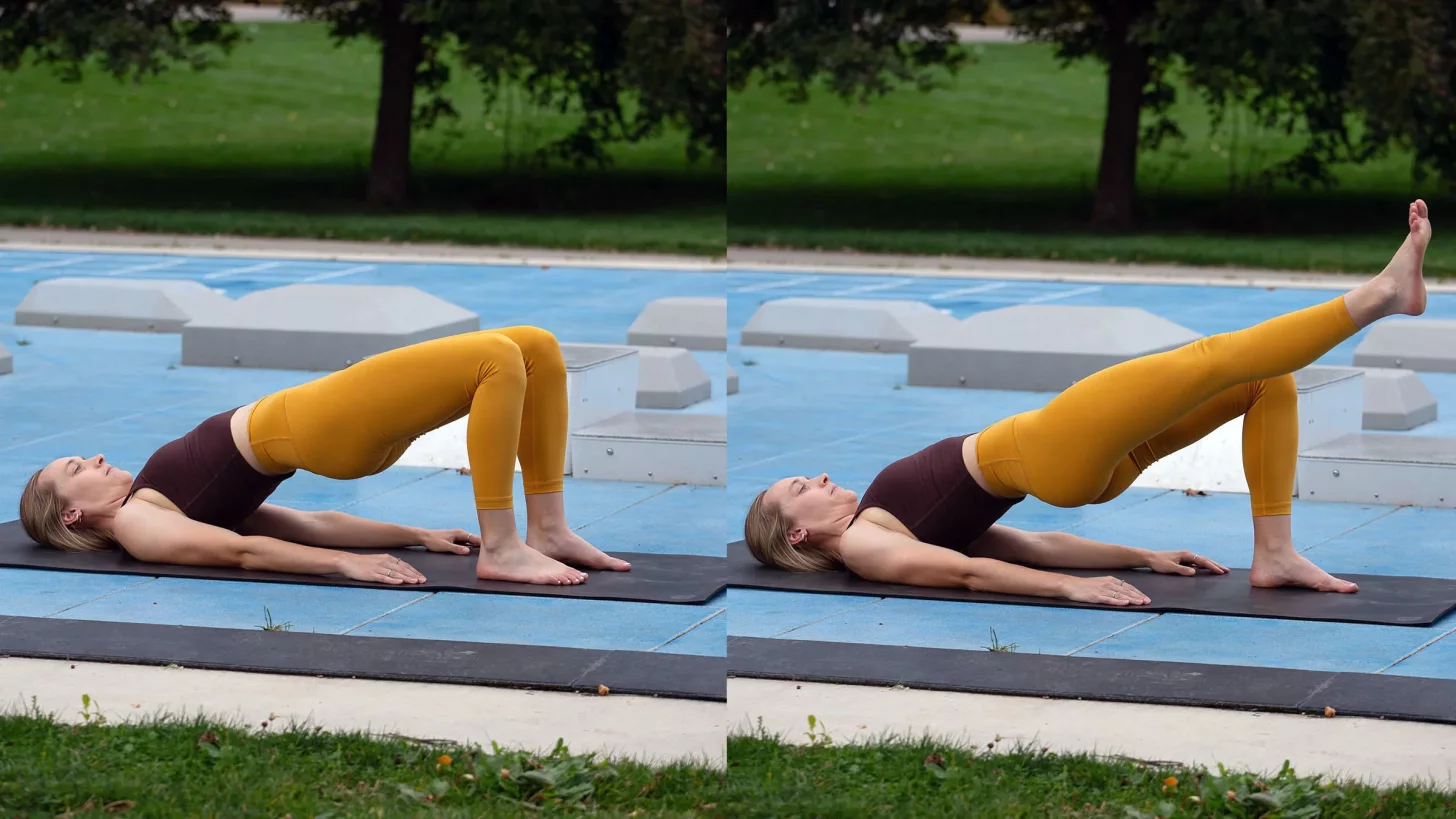 женщина выполняет удержание моста на одной ноге на улице как проверку техники бега