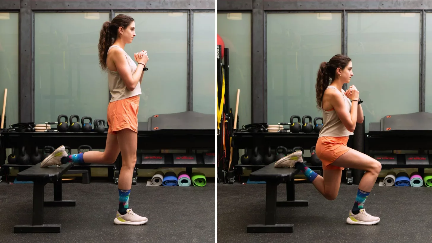 Болгарские сплит-приседания для гибридизированной функциональной тренировки триатлона.