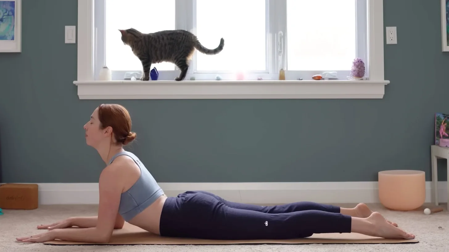 Yoga With Kassandra практикует позу сфинкса на коврике, с предплечьями на коврике и поднятой грудью, в рамках 15-минутного занятия йогой для снятия стресса.