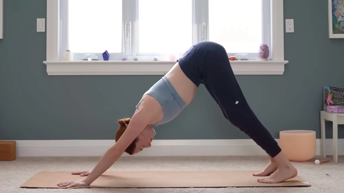 Yoga With Kassandra практикует позу собаки мордой вниз, с руками и ногами на коврике, на ширине плеч, и бедрами, поднятыми к потолку, в перевернутой V-образной форме тела, во время практики йоги для снятия стресса.